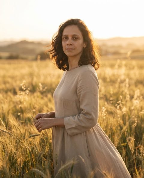 En un campo al atardecer