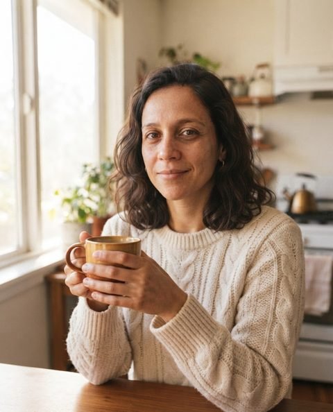 Con taza de café junto a la ventana